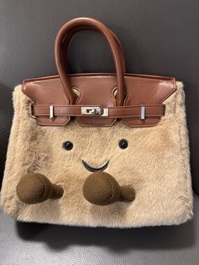 Jellycat inspired Plush Mini Satchel Bag in Brown - Cute Smiley Design